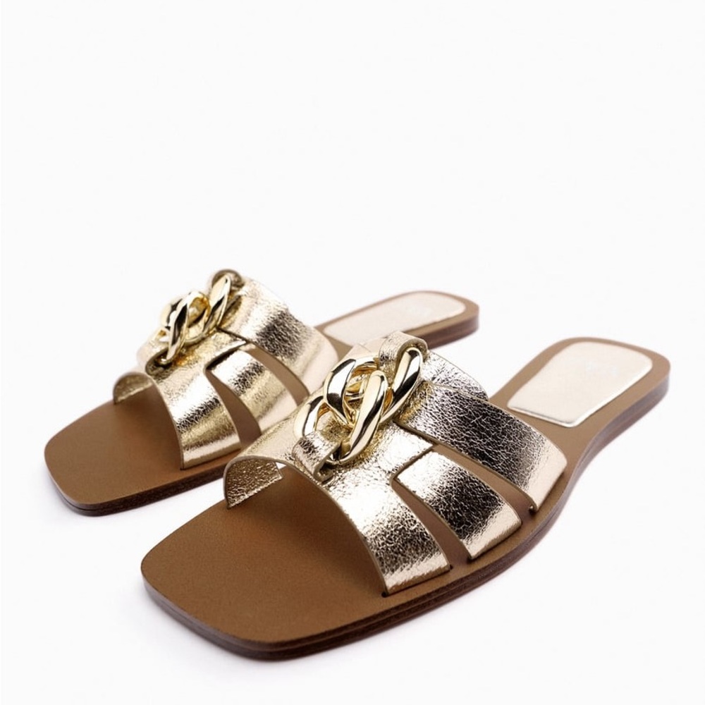 Zara Flat Slide Sandal with Gold Chain Detail
